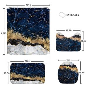 Lavsils 4 Pcs Navy Blue Marble Bathroom Set, Shower Curtain Set with Rugs and Accessories,Gold 72x72 Inch Fabric,Shower Curtain for Modern Bathroom Décor