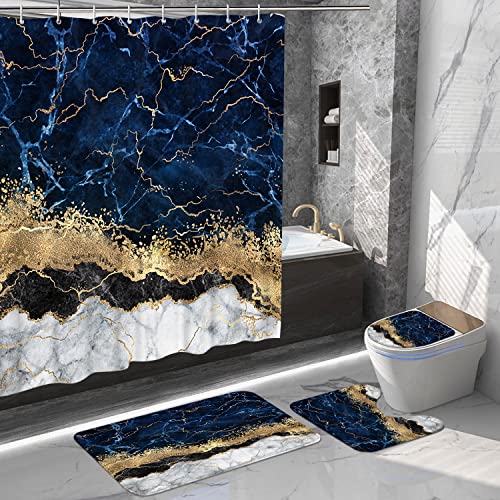 Lavsils 4 Pcs Navy Blue Marble Bathroom Set, Shower Curtain Set with Rugs and Accessories,Gold 72x72 Inch Fabric,Shower Curtain for Modern Bathroom Décor