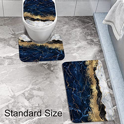 Lavsils 4 Pcs Navy Blue Marble Bathroom Set, Shower Curtain Set with Rugs and Accessories,Gold 72x72 Inch Fabric,Shower Curtain for Modern Bathroom Décor