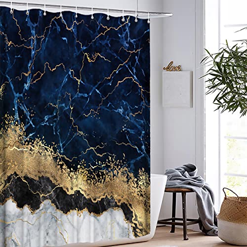 Lavsils 4 Pcs Navy Blue Marble Bathroom Set, Shower Curtain Set with Rugs and Accessories,Gold 72x72 Inch Fabric,Shower Curtain for Modern Bathroom Décor