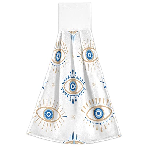 xigua Hanging Hand Towels Set of 2 pcs-Evil Eye Kitchen Hand Towels with Hanging Loop Soft Absorbent Tie Towels for Kitchen/ Bathroom/ Tabletop Home