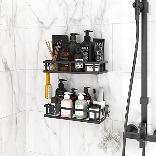 ICEETING Adhesive Shower Caddy, Shower Shelves with Hooks, Shower Organizer, Bathroom Storage Organizer Shelves, Space Saver (Black)