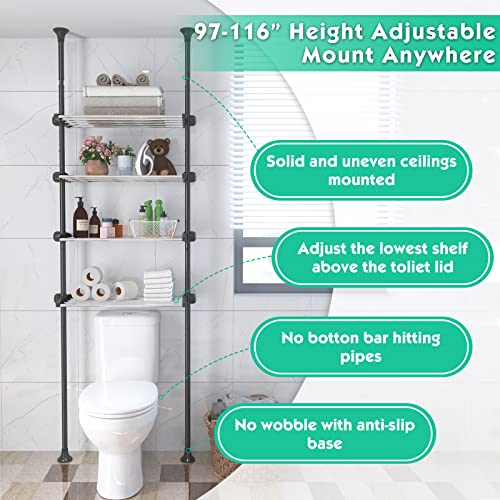 Lilyvane 4 Tiers Over The Toilet Storage, 97 to116” Adjustable Tension Pole Over Toilet Bathroom Organizer, Freestanding Bathroom Shelves Over Toilet for Most Showers Over The Toilet Shelf, Black