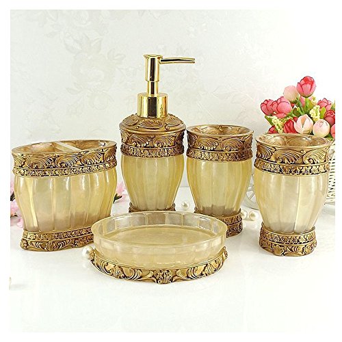 LUANT Vintage Golden Bathroom Accessories, 5Piece Bathroom Accessories Set, Bathroom Set Features, Soap Dispenser, Toothbrush Holder, Tumbler & Soap Dish - Golden Glossy - Bath Gift Set