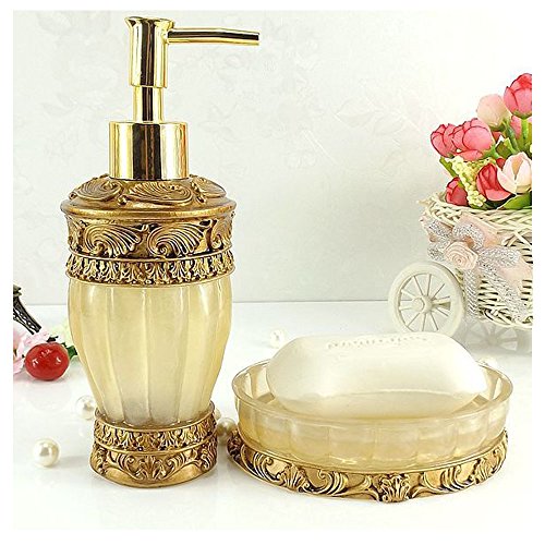 LUANT Vintage Golden Bathroom Accessories, 5Piece Bathroom Accessories Set, Bathroom Set Features, Soap Dispenser, Toothbrush Holder, Tumbler & Soap Dish - Golden Glossy - Bath Gift Set