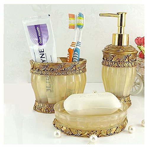 LUANT Vintage Golden Bathroom Accessories, 5Piece Bathroom Accessories Set, Bathroom Set Features, Soap Dispenser, Toothbrush Holder, Tumbler & Soap Dish - Golden Glossy - Bath Gift Set