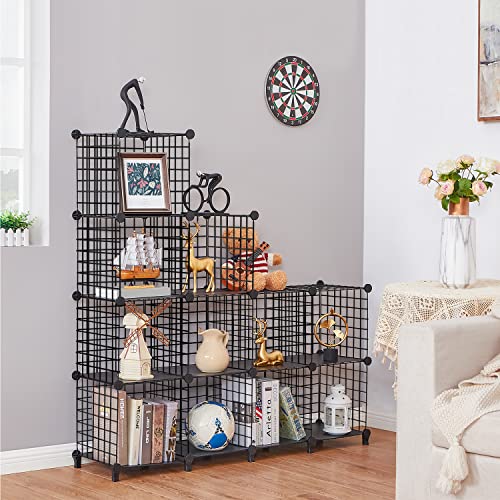 ANWBROAD Wire Cube Storage Organizer, 12 Cube Metal Grid, Wire Shelves Organizer, C grids panels, Stackable Modular Bookshelf, Ideal for Bedroom Living Room Office 11.8” x 11.8” Black ULWT012B