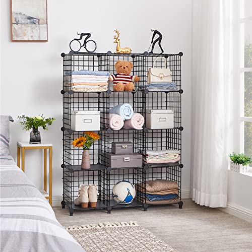 ANWBROAD Wire Cube Storage Organizer, 12 Cube Metal Grid, Wire Shelves Organizer, C grids panels, Stackable Modular Bookshelf, Ideal for Bedroom Living Room Office 11.8” x 11.8” Black ULWT012B