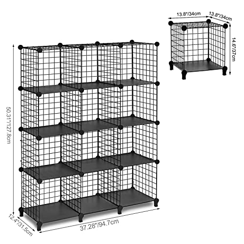 ANWBROAD Wire Cube Storage Organizer, 12 Cube Metal Grid, Wire Shelves Organizer, C grids panels, Stackable Modular Bookshelf, Ideal for Bedroom Living Room Office 11.8” x 11.8” Black ULWT012B