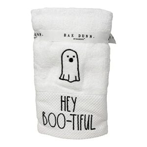 rae dunn set of 2 halloween hand towels, (16x30) white/hey bootiful/terry cloth