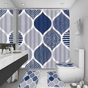 alexex 4pcs boho shower curtain sets, geometric shower curtain sets with rugs, bath mat, u shape and toilet lid cover mat, blue white shower curtain with 12 hooks for bathroom set decor(72 x 72 inch)