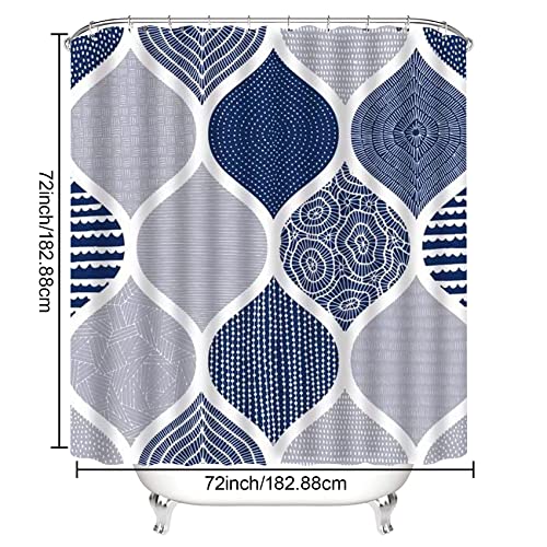 ALEXEX 4Pcs Boho Shower Curtain Sets, Geometric Shower Curtain Sets with Rugs, Bath Mat, U Shape and Toilet Lid Cover Mat, Blue White Shower Curtain with 12 Hooks for Bathroom Set Decor(72 x 72 Inch)