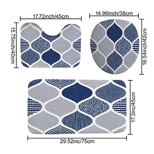 ALEXEX 4Pcs Boho Shower Curtain Sets, Geometric Shower Curtain Sets with Rugs, Bath Mat, U Shape and Toilet Lid Cover Mat, Blue White Shower Curtain with 12 Hooks for Bathroom Set Decor(72 x 72 Inch)