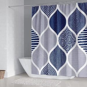 ALEXEX 4Pcs Boho Shower Curtain Sets, Geometric Shower Curtain Sets with Rugs, Bath Mat, U Shape and Toilet Lid Cover Mat, Blue White Shower Curtain with 12 Hooks for Bathroom Set Decor(72 x 72 Inch)