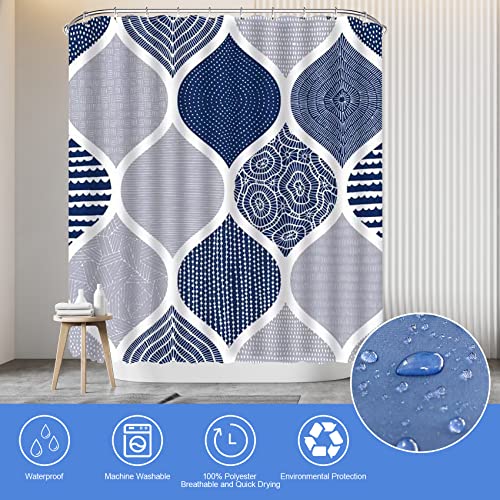 ALEXEX 4Pcs Boho Shower Curtain Sets, Geometric Shower Curtain Sets with Rugs, Bath Mat, U Shape and Toilet Lid Cover Mat, Blue White Shower Curtain with 12 Hooks for Bathroom Set Decor(72 x 72 Inch)