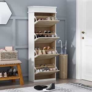homsee modern shoe cabinet with 4 flip down drawers, wood shoe rack storage organizer for entryway, hallway, white and natural (21.7”l x 9.8”w x 61”h)