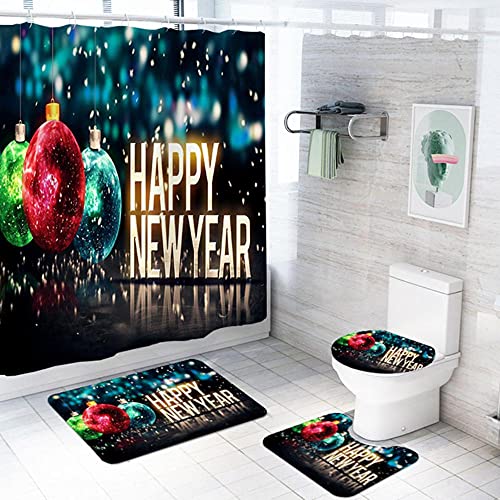 Vainbutry 4 Pieces Merry Christmas Bathroom Set 3D Print Happy New Year Shower Curtain Set for Bathroom Floor Rugs Neon Light Bath Sets 70.2X70.2inch