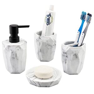 mygift 4 piece modern bathroom accessory set with marbled pattern and geometric design includes lotion dispenser, toothbrush holder, tumbler, soap dish