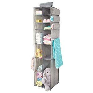 mdesign long soft fabric over closet rod hanging storage organizer with 12 divided shelves, side pockets for child/kids room or nursery, store diapers, wipes, lotions, toys - gray