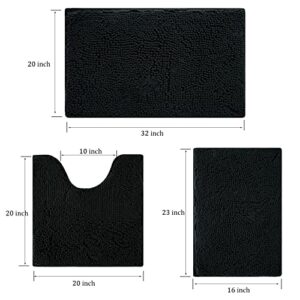 wyewye Bathroom Rugs, Ultra Soft Bathroom Rugs Sets 3 Piece Soft Shaggy Bathroom mats, Super Absorbent and Thick, Non-Slip, Machine Washable, Bath Mats for Bathroom Floor, Tub and Shower (Black)