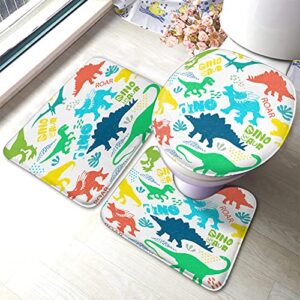 wondertify dino pattern bathroom antiskid pad t-rex dinosaur triceratops 3 pieces bathroom rugs set, bath mat+contour+toilet lid cover