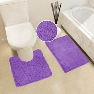 Linen Plus Collection Soft Shaggy Chenille Solid Bath Set Mats Non-Slip Bath Floor Mat, Contour Mat, Toilet Set Cover New # Chenille… (Purple)