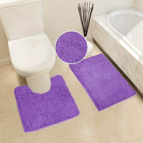 Linen Plus Collection Soft Shaggy Chenille Solid Bath Set Mats Non-Slip Bath Floor Mat, Contour Mat, Toilet Set Cover New # Chenille… (Purple)