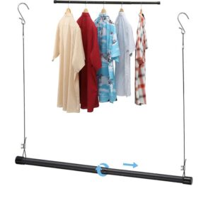 hanging closet rod, black adjustable width and height 15 to 25 inch organizer for hanging clothes, space-saving closet garment organizer rack, closet extender hanging rod, tension clothes hanging
