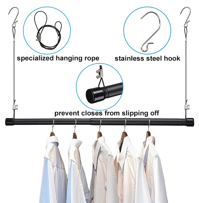 Hanging Closet Rod, Black Adjustable Width and Height 15 to 25 Inch Organizer for Hanging Clothes, Space-Saving Closet Garment Organizer Rack, Closet Extender Hanging Rod, Tension Clothes Hanging