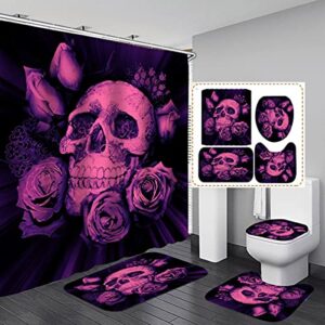 moumouhome retro rose skull shower curtain set 3d printed bathroom accessory floral skull bath mats and bath curtain purple black waterproof shower curtain sets with 12 hooks for boys girls