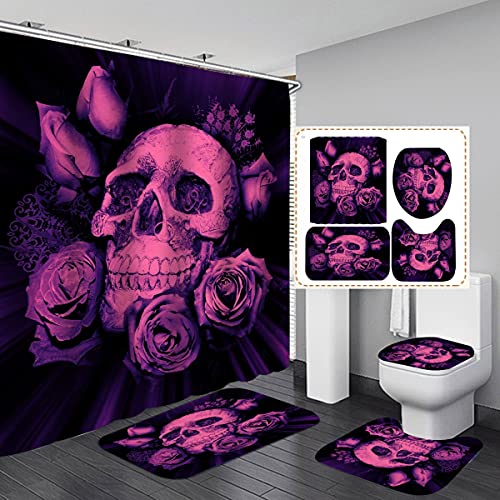 MOUMOUHOME Retro Rose Skull Shower Curtain Set 3D Printed Bathroom Accessory Floral Skull Bath Mats and Bath Curtain Purple Black Waterproof Shower Curtain Sets with 12 Hooks for Boys Girls