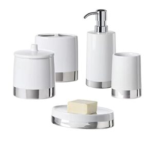 motifeur bathroom accessories set, 5-piece ceramic bath accessory complete set with lotion dispenser/soap pump, cotton jar, soap dish, tumbler and toothbrush holder (white and silver)