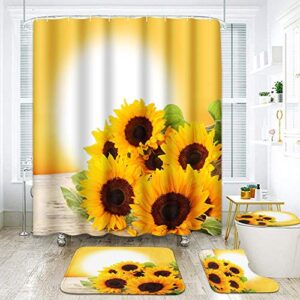 artsocket 4 pcs shower curtain set sunflowers golden sun sunrise sunset natural with non-slip rugs toilet lid cover and bath mat bathroom decor set 72" x 72"