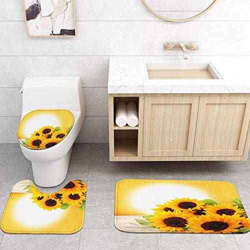 ArtSocket 4 Pcs Shower Curtain Set Sunflowers Golden Sun Sunrise Sunset Natural with Non-Slip Rugs Toilet Lid Cover and Bath Mat Bathroom Decor Set 72" x 72"