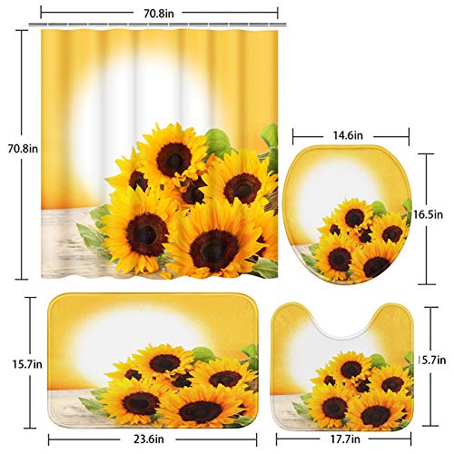 ArtSocket 4 Pcs Shower Curtain Set Sunflowers Golden Sun Sunrise Sunset Natural with Non-Slip Rugs Toilet Lid Cover and Bath Mat Bathroom Decor Set 72" x 72"