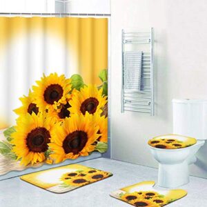 ArtSocket 4 Pcs Shower Curtain Set Sunflowers Golden Sun Sunrise Sunset Natural with Non-Slip Rugs Toilet Lid Cover and Bath Mat Bathroom Decor Set 72" x 72"