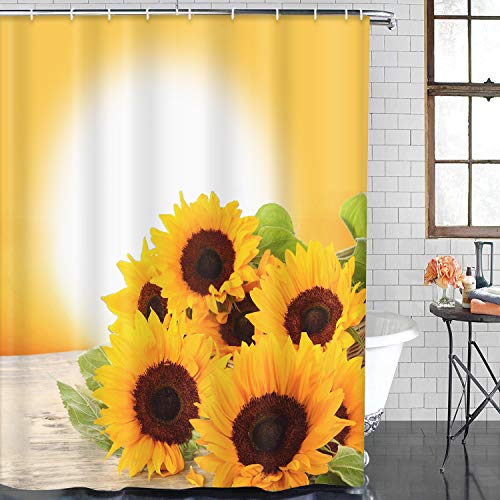 ArtSocket 4 Pcs Shower Curtain Set Sunflowers Golden Sun Sunrise Sunset Natural with Non-Slip Rugs Toilet Lid Cover and Bath Mat Bathroom Decor Set 72" x 72"