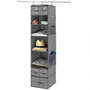 zober hanging closet organizer and storage shelves - 9-shelf wardrobe clothes organizer for dorm room, baby nursery, small closet storage - grey