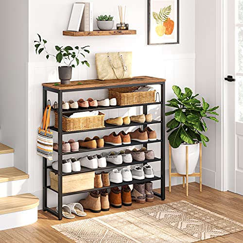 HOOBRO 6-Tier Shoe Rack, Shoe Shelf Organizer with Hooks and 5 Oxford Fabric Shelves, Holds 20-25 Pairs of Shoes, Stable Legs, Easy to Clean, Industrial, for Entryway, Living Room BF10XJ01