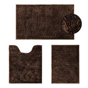 homeideas brown bathroom rugs sets 3 piece, butter chenille bathroom rugs and mats sets, 3x absorbent microfiber bath rugs, non slip, luxury, shiny, washable bath mat for bathroom, shower