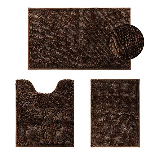 HOMEIDEAS Brown Bathroom Rugs Sets 3 Piece, Butter Chenille Bathroom Rugs and Mats Sets, 3X Absorbent Microfiber Bath Rugs, Non Slip, Luxury, Shiny, Washable Bath Mat for Bathroom, Shower