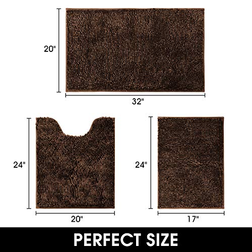 HOMEIDEAS Brown Bathroom Rugs Sets 3 Piece, Butter Chenille Bathroom Rugs and Mats Sets, 3X Absorbent Microfiber Bath Rugs, Non Slip, Luxury, Shiny, Washable Bath Mat for Bathroom, Shower