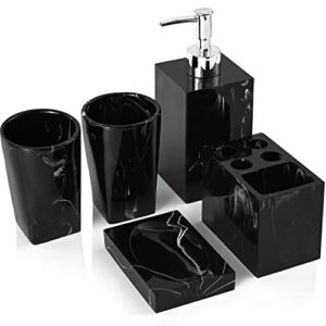bathroom accessories set, 5 pcs marble look bathroom sets, resin black bathroom accessory set with soap dispenser, toothbrush holder, toothbrush cup, soap dish for home apartment bathroom decor