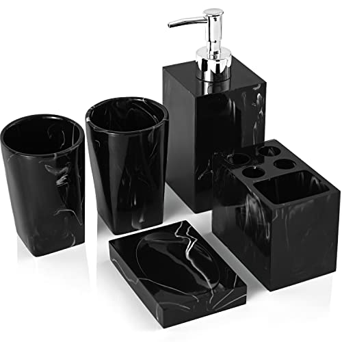 Bathroom Accessories Set, 5 Pcs Marble Look Bathroom Sets, Resin Black Bathroom Accessory Set with Soap Dispenser, Toothbrush Holder, Toothbrush Cup, Soap Dish for Home Apartment Bathroom Decor