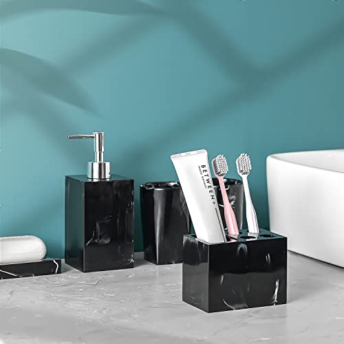 Bathroom Accessories Set, 5 Pcs Marble Look Bathroom Sets, Resin Black Bathroom Accessory Set with Soap Dispenser, Toothbrush Holder, Toothbrush Cup, Soap Dish for Home Apartment Bathroom Decor