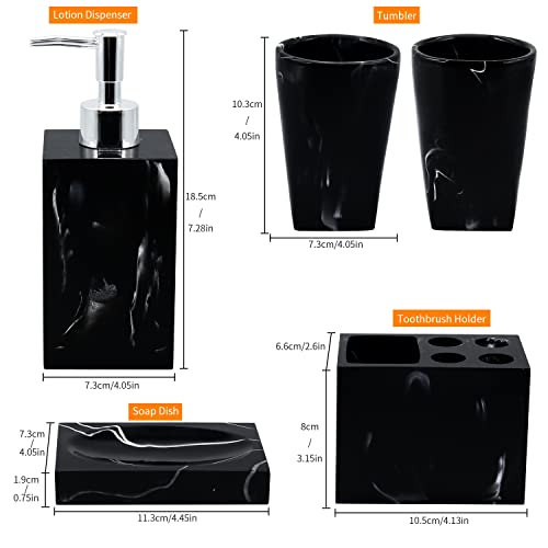 Bathroom Accessories Set, 5 Pcs Marble Look Bathroom Sets, Resin Black Bathroom Accessory Set with Soap Dispenser, Toothbrush Holder, Toothbrush Cup, Soap Dish for Home Apartment Bathroom Decor