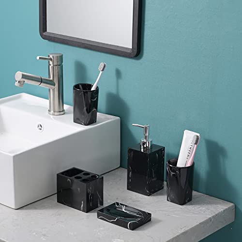 Bathroom Accessories Set, 5 Pcs Marble Look Bathroom Sets, Resin Black Bathroom Accessory Set with Soap Dispenser, Toothbrush Holder, Toothbrush Cup, Soap Dish for Home Apartment Bathroom Decor