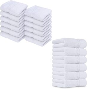 utopia towels premium bundle - cotton washcloths white (12x12 inches) pack of 12 with white hand towels 600 gsm (16 x 28 inches), pack of 6