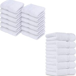 Utopia Towels Premium Bundle - Cotton Washcloths White (12x12 inches) Pack of 12 with White Hand Towels 600 GSM (16 x 28 inches), Pack of 6