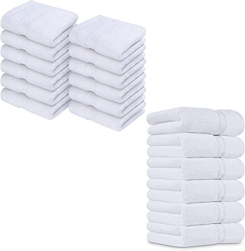 Utopia Towels Premium Bundle - Cotton Washcloths White (12x12 inches) Pack of 12 with White Hand Towels 600 GSM (16 x 28 inches), Pack of 6